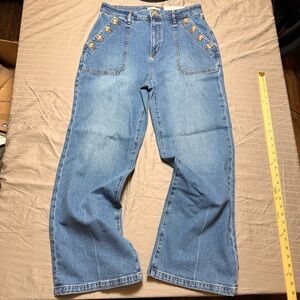 LOFT Wide Leg High Rise Curvy Fit Regular Blue Jeans Sz 28 NWT Brown Buttons